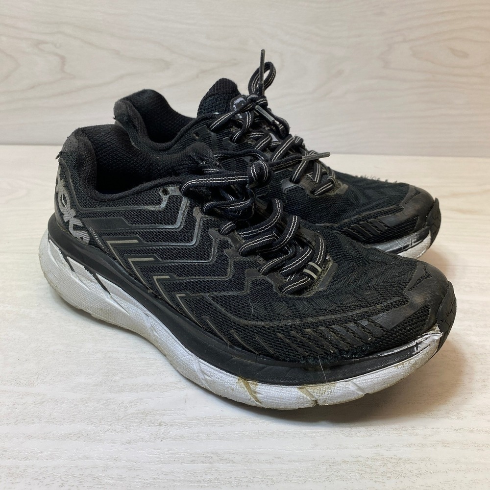 Hoka Womens 6 Clifton 4 Running Shoes Athletic Black White Mesh Max Cushioning